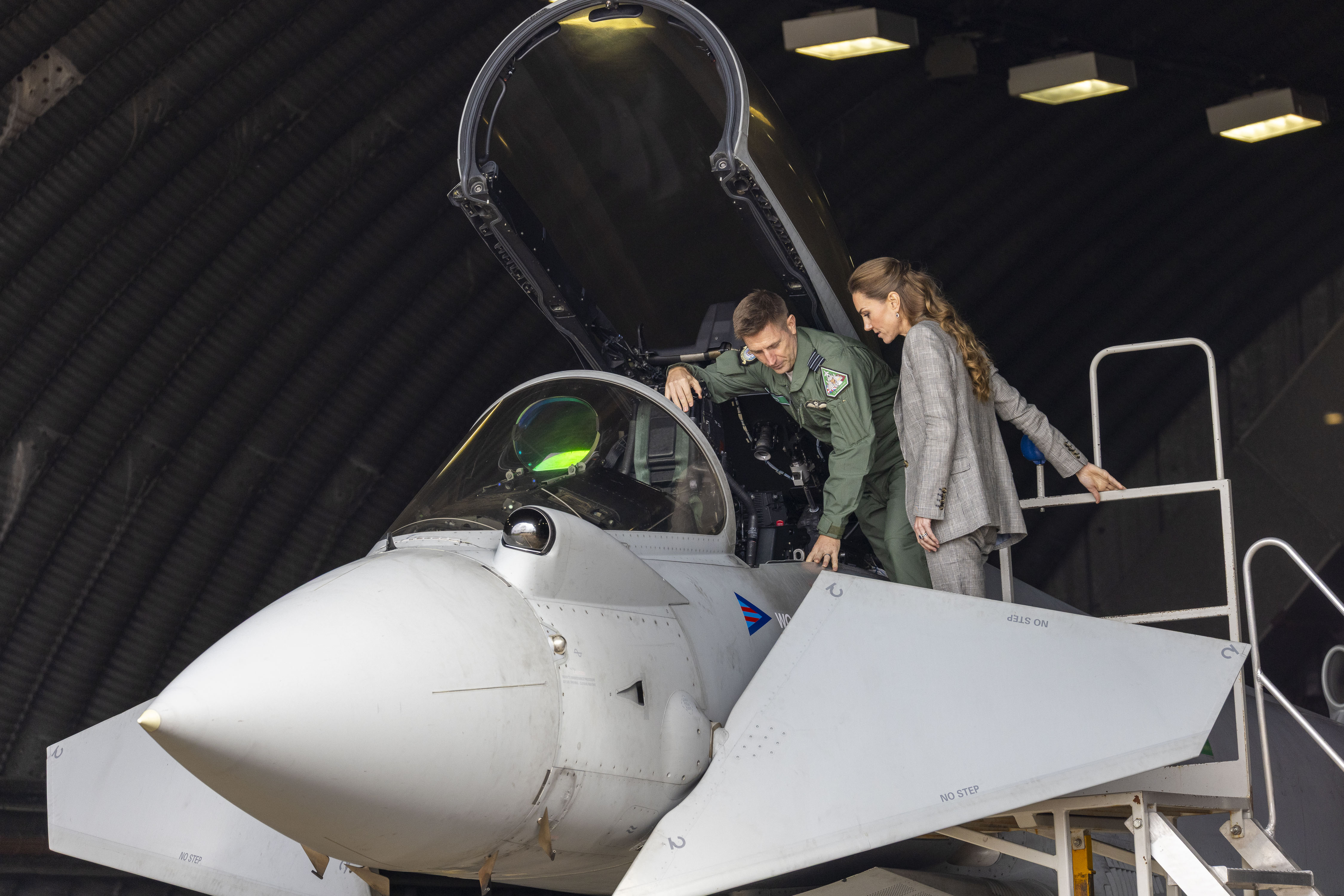 Catherine, Princess of Wales, is shown a Typhoon aircraft at Typhoon Future Synthetic Training facility at RAF Coningsby in Lincolnshire on October 2, 2025 | Source: Getty Images