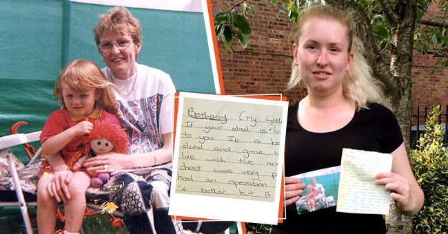 [Left] Little Bethany pictured with her mother. [Inset] Bethany's mom's letter. [Right] Bethany holding her mom's letter. | Photo: twitter.com/BBCTees | twitter.com/redbookmag | twitter.com/ChickenSoupSoul