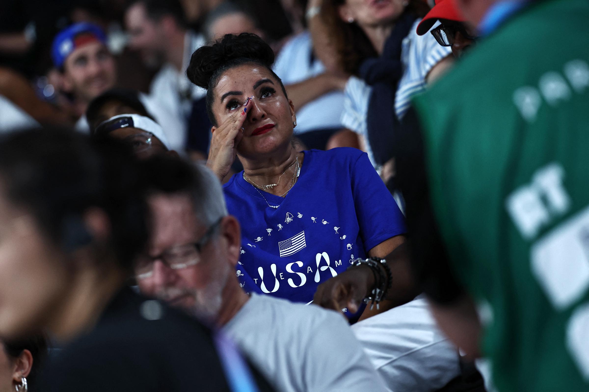 Jordan Chiles' mother, Gina Chiles, reacts as her daughter competes in the floor exercise event of the Artistic Gymnastics Women's Team Final during the Olympic Games at the Bercy Arena in Paris, on July 30, 2024 | Source: Getty Images