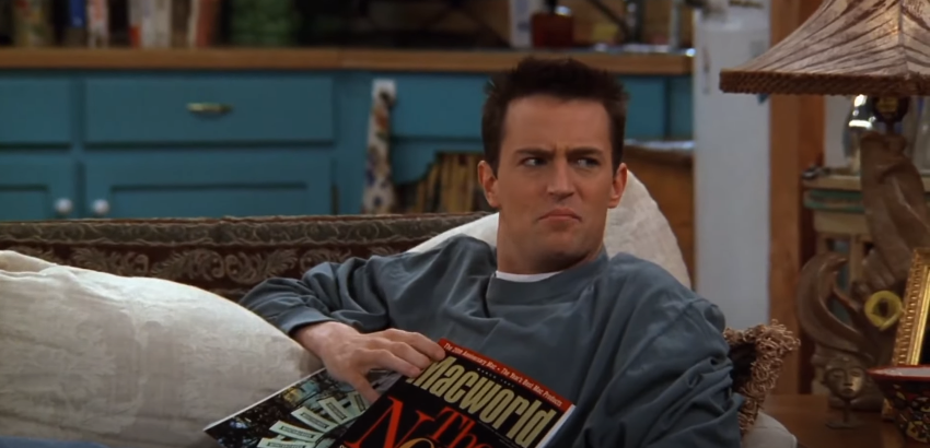 Matthew Perry as Chandler Bing on the set of "Friends." | Source: YouTube/ @Friends