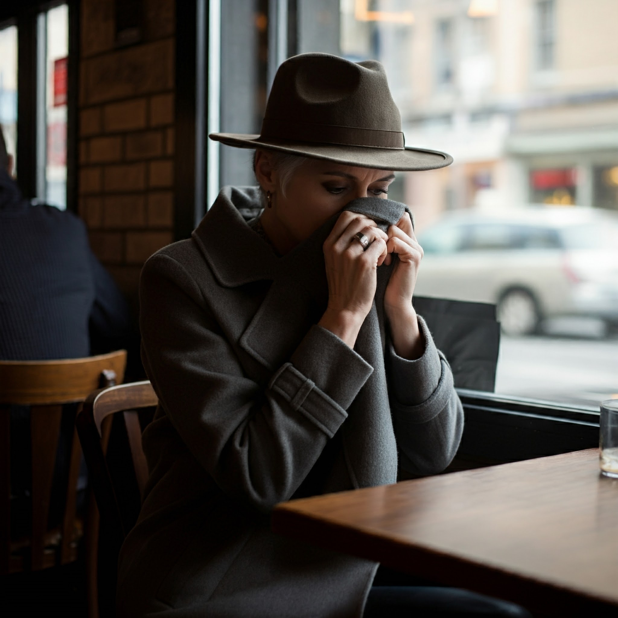 A woman with a hat and coat, hiding herself in a coffee shop | Source: Gemini