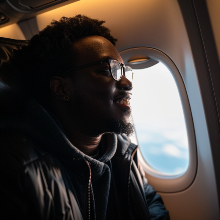 A black man flying in an airplane | Source: Midjourney