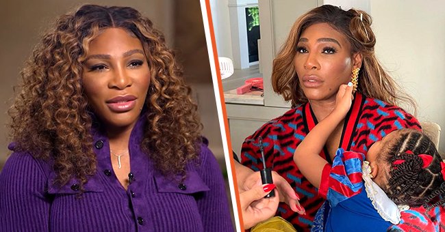 Serena Williams in an interview with Christiane Amanpour [left], Serena Williams carrying her daughter, Olympia, as her glam team dressed her up [right] | Sources: Youtube.com/Amanpour and Company, Instagram.com/serenawilliams