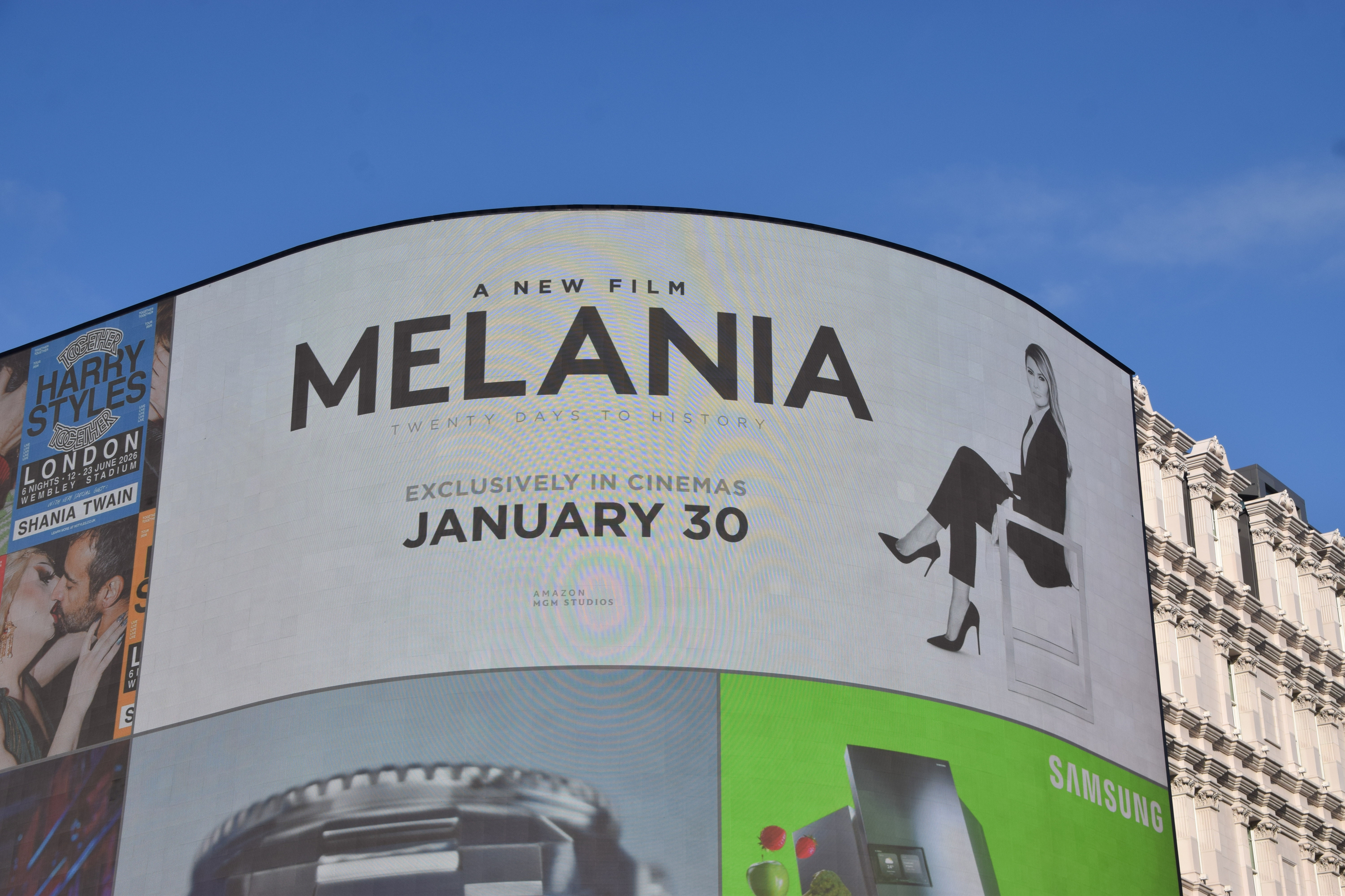 "Melania: Twenty Days to History," Piccadilly lights advertising for the Amazon documentary of First Lady, Melania Trump taken in January 2026 | Source: Getty Images