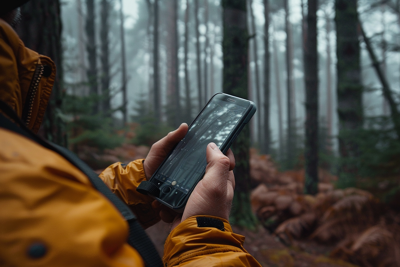 A man holding his phone in a forest | Source: Midjourney