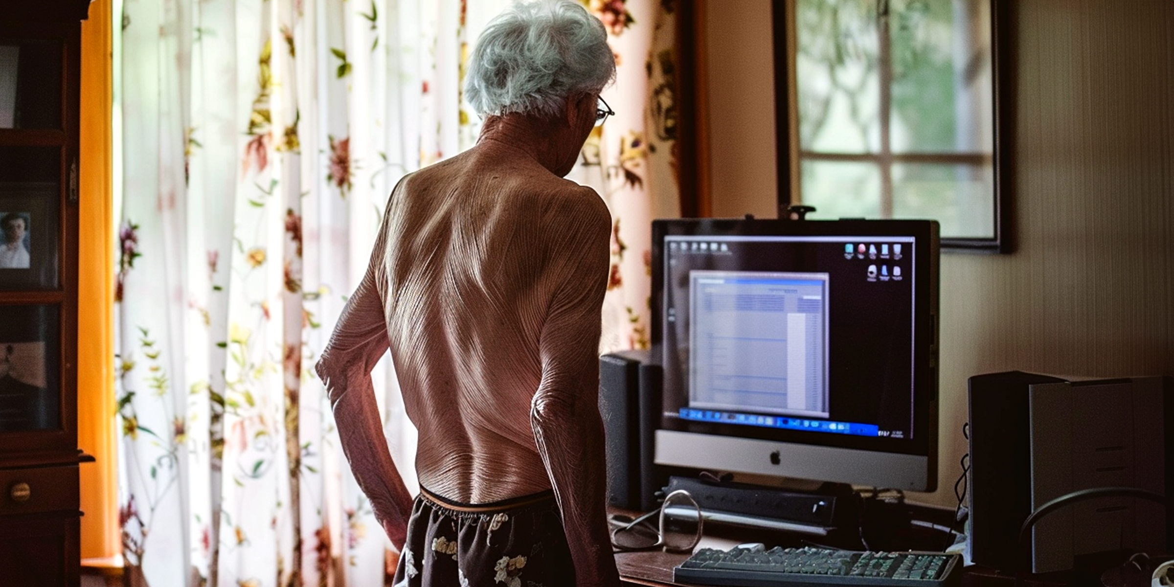 A shirtless older man standing in front of a computer | Source: Midjourney