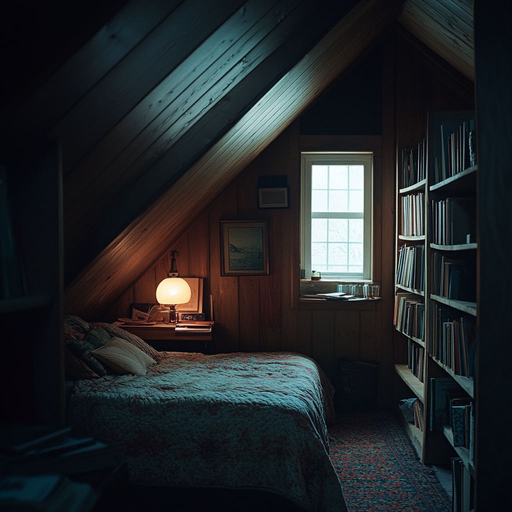 A narrow room dimly lit by a small window in an attic | Source: Midjourney