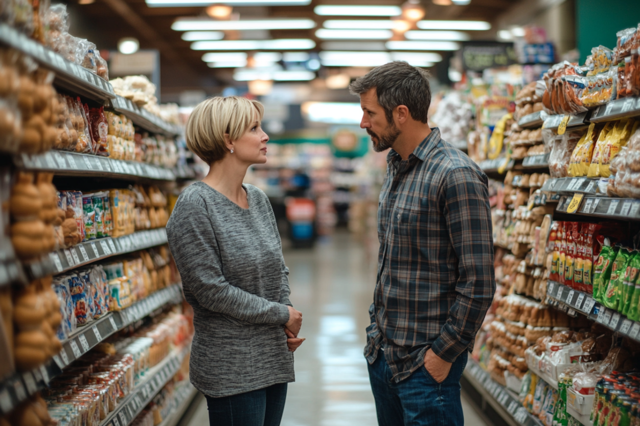 A man and woman standing in a grocery store | Source: Midjourney