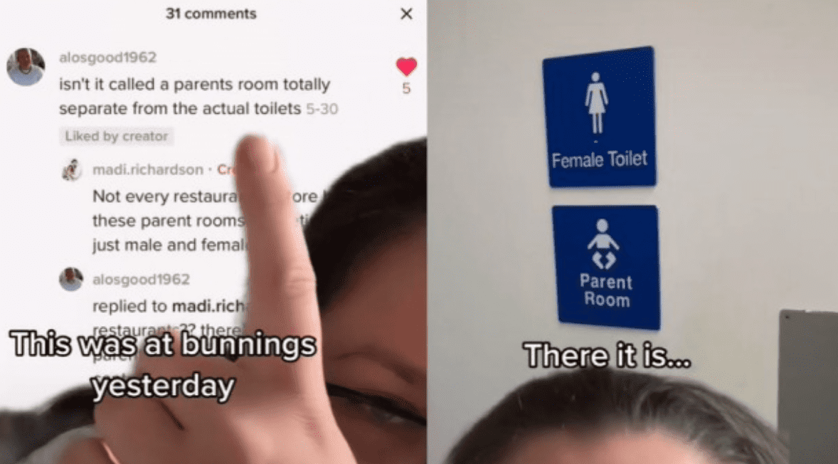 TikToker shows signs at local hardware store and claims the store is sexist because their parent room is grouped with the female restroom | Photo: TikTok/madi.richardson