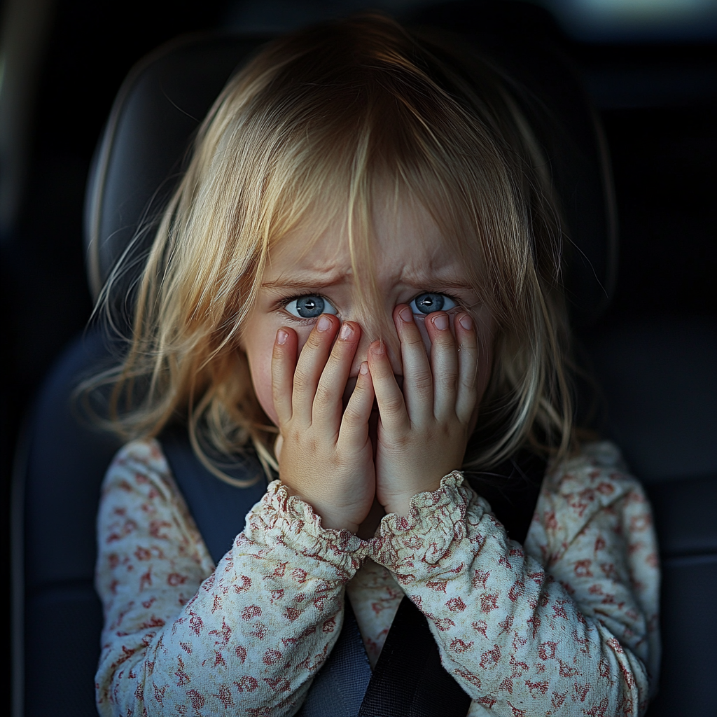 An emotional little girl covering her face while sitting in the backseat of a car | Source: Midjourney