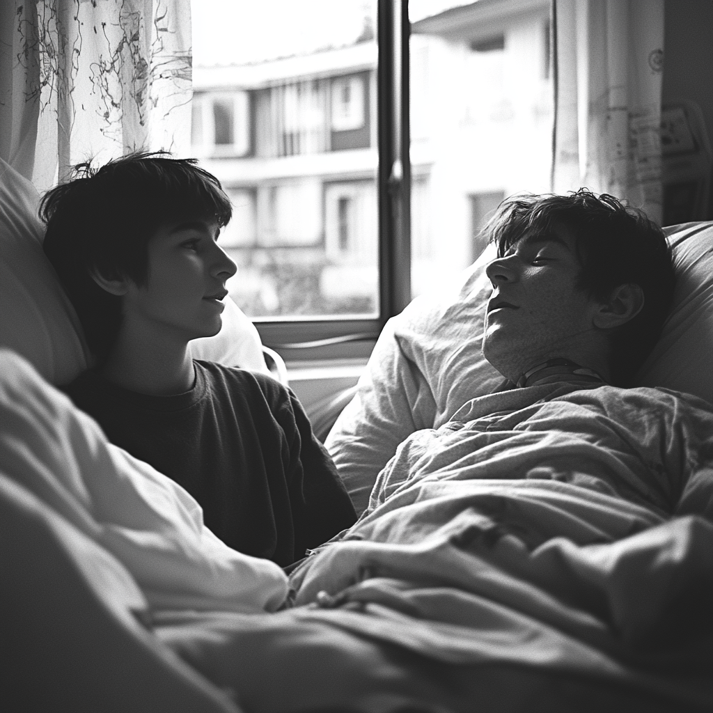 A boy sitting next to his uncle's hospital bed | Source: Midjourney