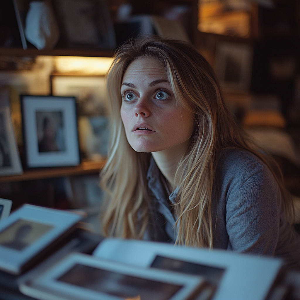 A surprised woman looking at photos | Source: Midjourney