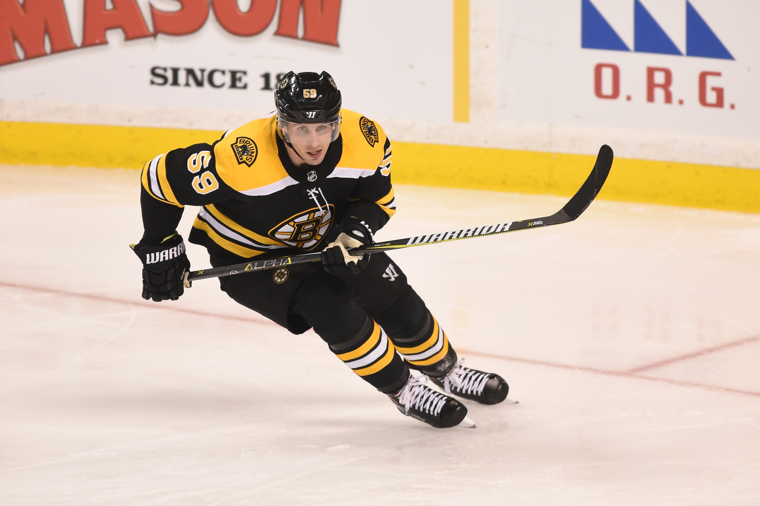 Tim Schaller #59 of the Boston Bruins skates against the Florida Panthers at the TD Garden, on March 31, 2018, in Boston, Massachusetts. | Source: Getty Images