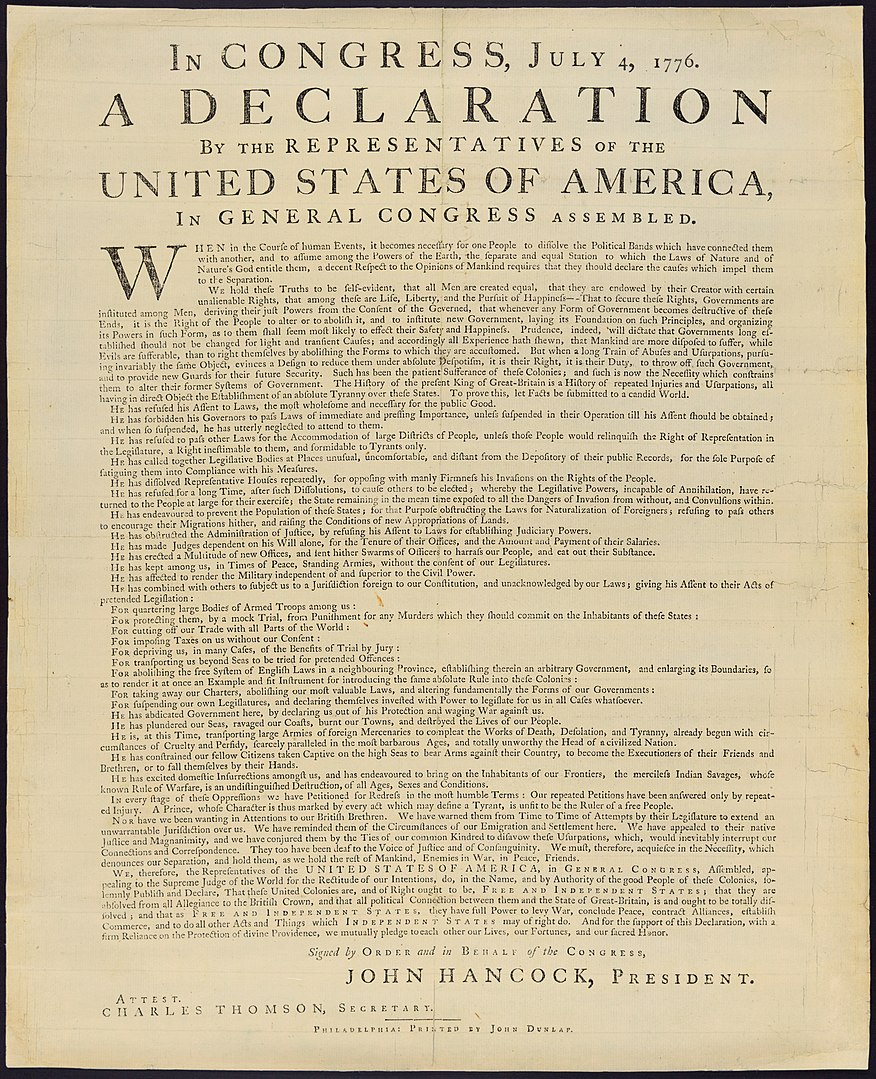 Photo of The Dunlap broadside copy of the United States Declaration of Independence, held at the Library of Congress. | Source: Wikimedia Commons/Public Domain