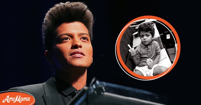 (L) Singer-songwriter Bruno Mars during an appearance on "Saturday Night Live" Season 38. (R) Child prodigy Bruno Mars shown as a four year old Elvis Presley impersonator in August 1990 in Memphis, Tennessee. / Source: Getty Images