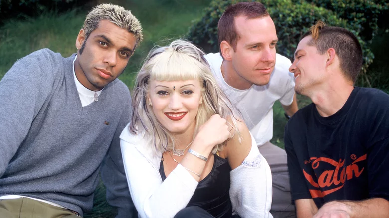 No Doubt band members (L-R) bassist Tony Kanal, singer Gwen Stefani, Tom Dumont and Adrian Young at Shoreline Amphitheatre on June 14, 1996 in Mountain View, California. | Source: Getty Images