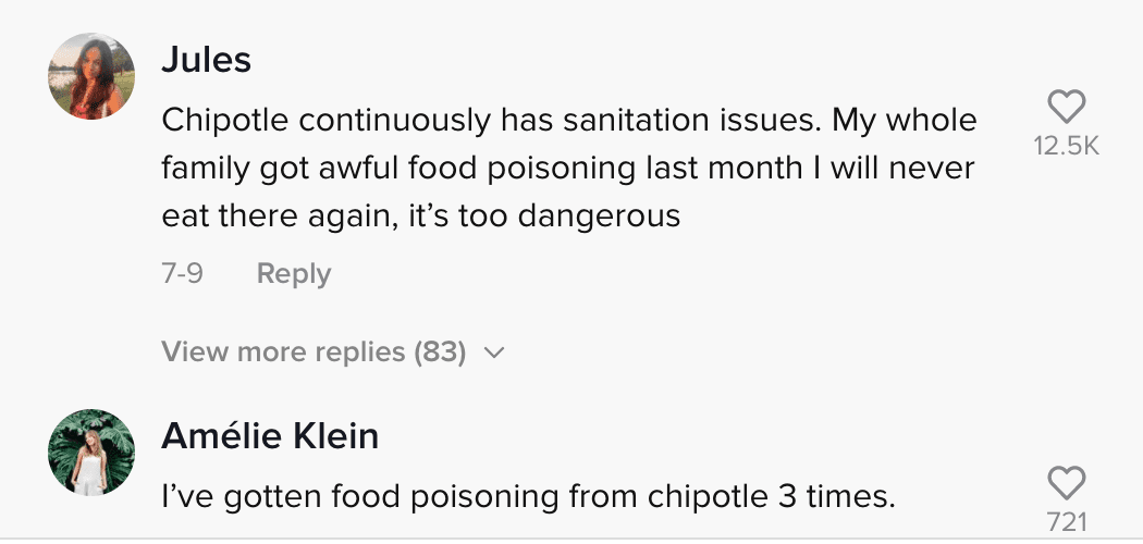 Comment section of video where a woman claimed she found an insect in her Chipotle burrito and users share similar experiences | Photo: TikTok/toritalkspodcast