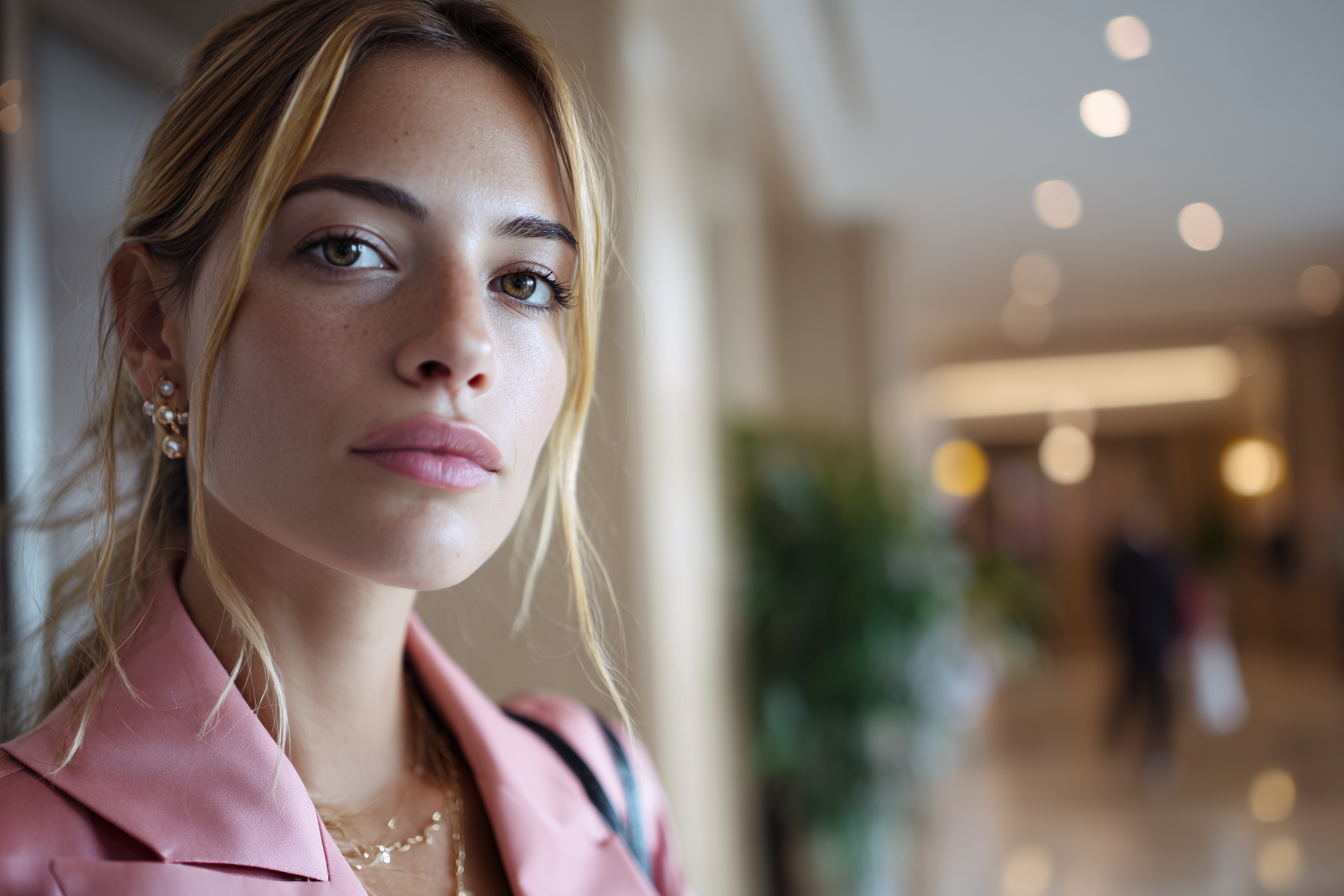 A woman standing in a hotel lobby | Source: Midjourney