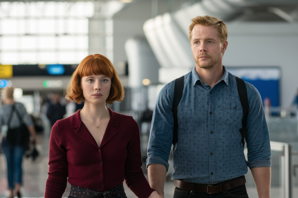 A couple walking hand-in-hand through an airport terminal | Source: Midjourney