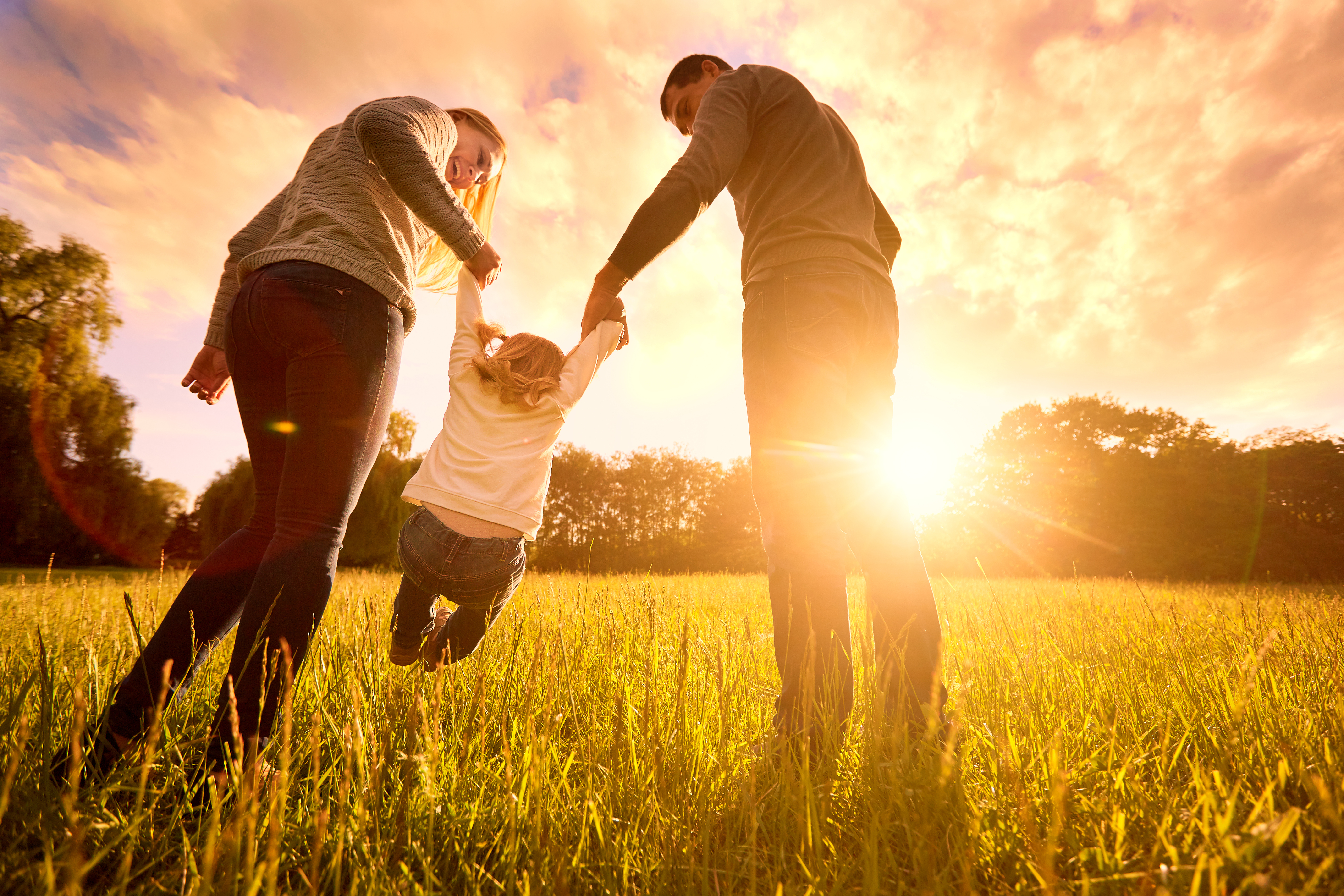 A man and a woman hoisting a child in the air on a grassy frield against the backdrop of the sunset | Source: Shutterstock