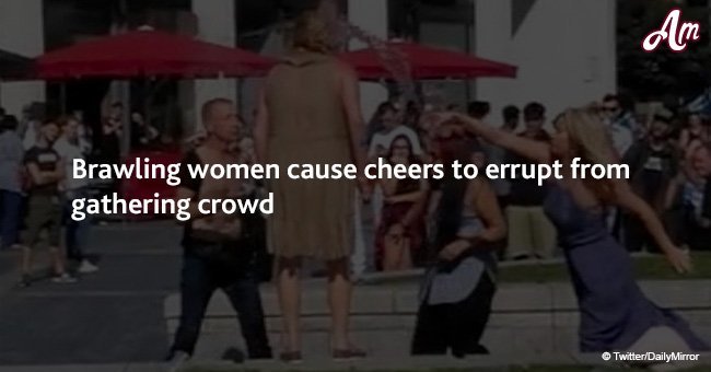 Brawling women cause cheers to errupt from gathering crowd