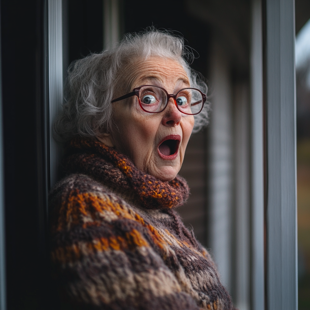 A shocked woman on her porch | Source: Midjourney