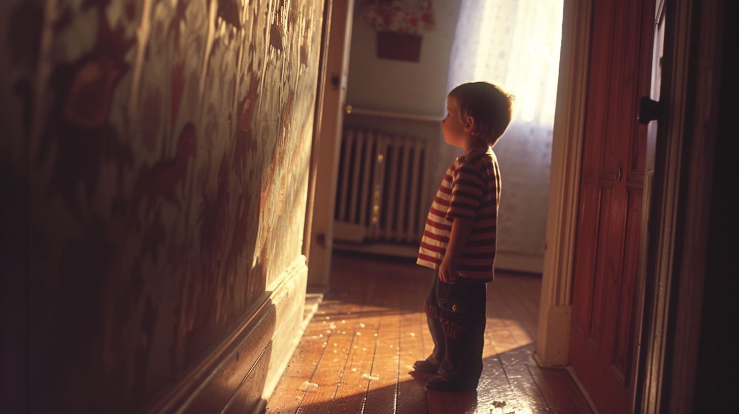 A little boy standing in a hallway | Source: Midjourney