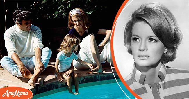 [Left] Burt Bacharach, wife Angie Dickinson, and daughter Lea Nikki, 2, on the grounds and around the swimming pool of their Hollywood home June 3, 1969; [Right] Studio headshot portrait of American actor Angie Dickinson wearing a striped knit shirt and looking upwards. | Source: Getty Images