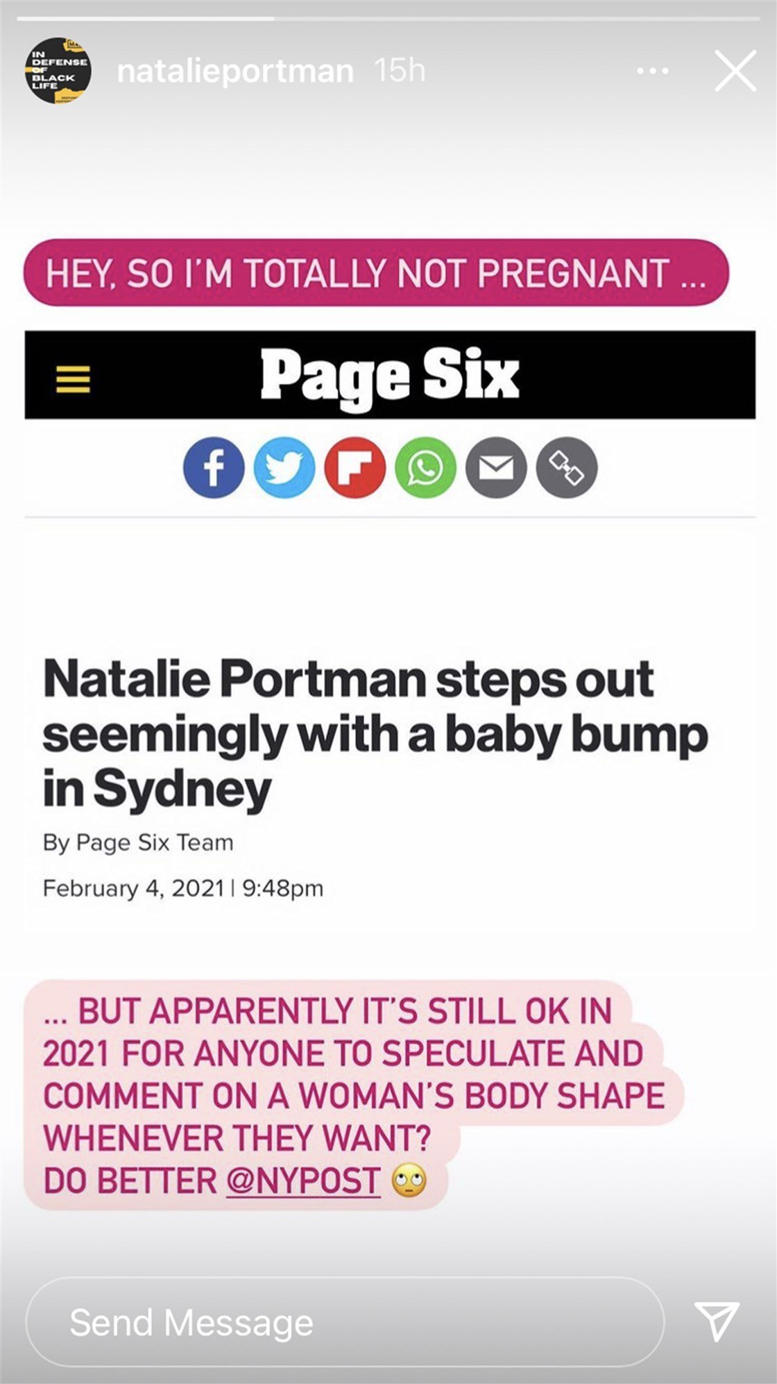 Natalie Portmans post to body-shamers on her Instagram. Source | Photo: instagram.com/natalieportman/