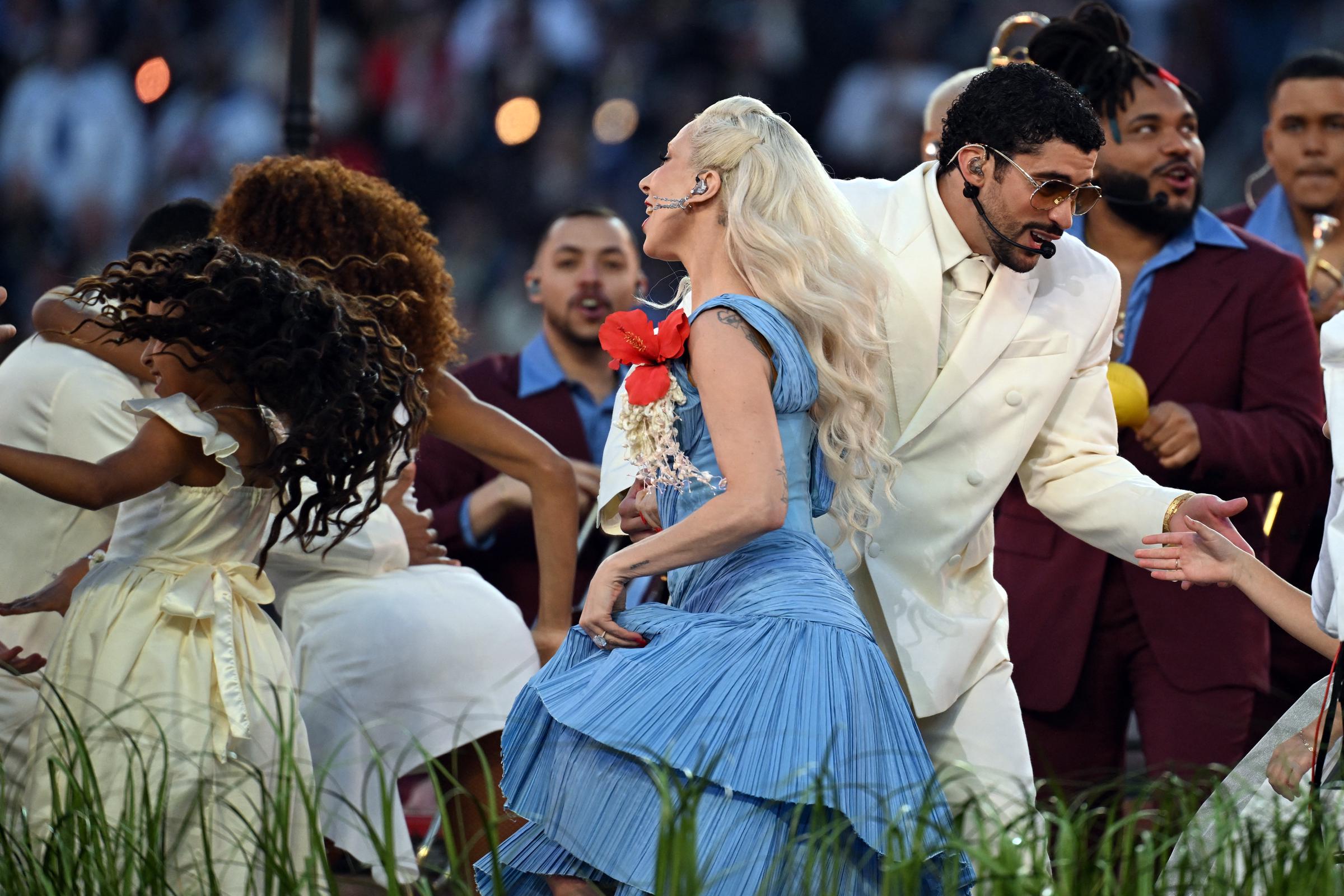Lady Gaga and Bad Bunny perform during Super Bowl LX Patriots vs Seahawks Apple Music Halftime Show at Levi's Stadium | Source: Getty Images