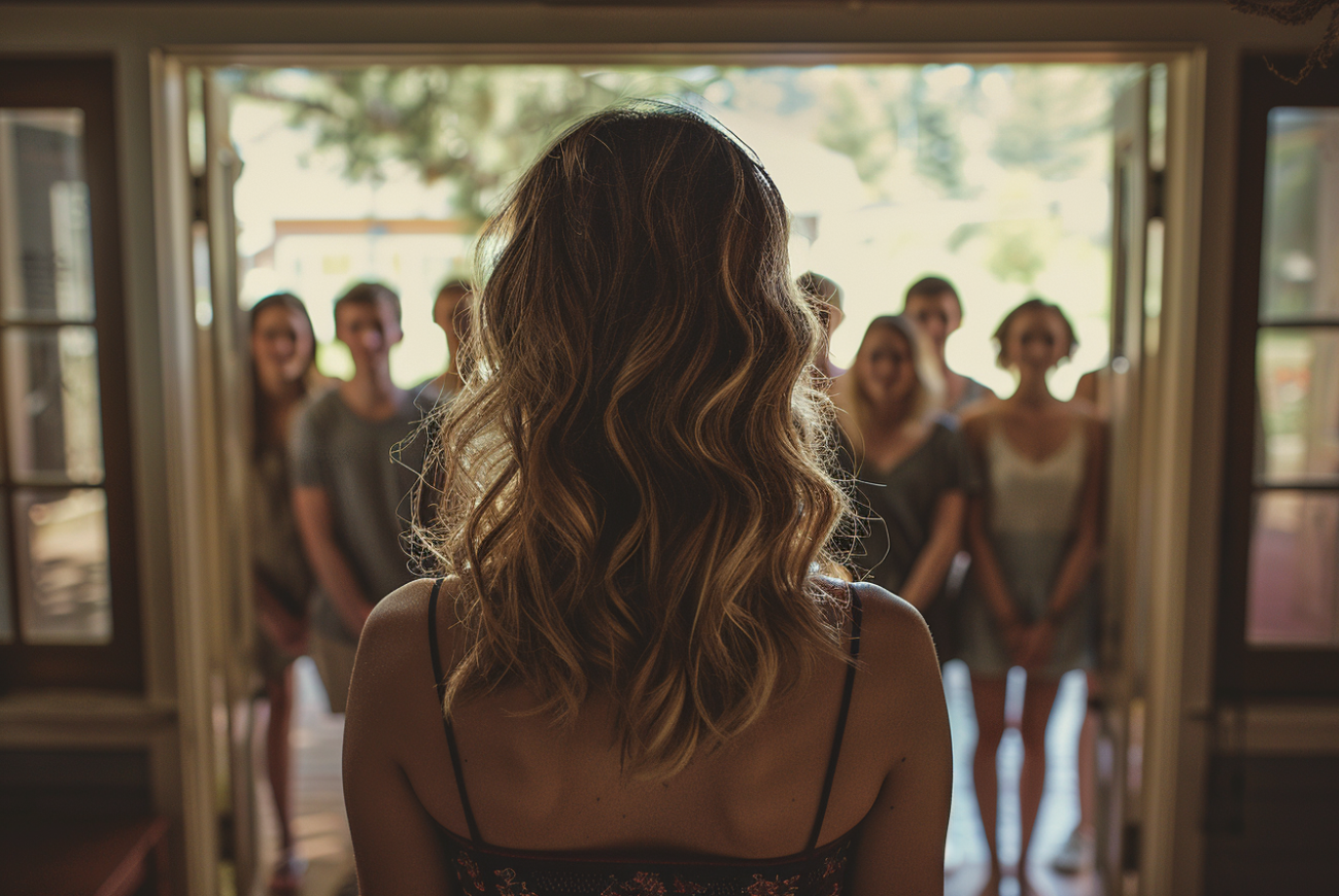 A woman staring at family members gathered on the porch | Source: Midjourney