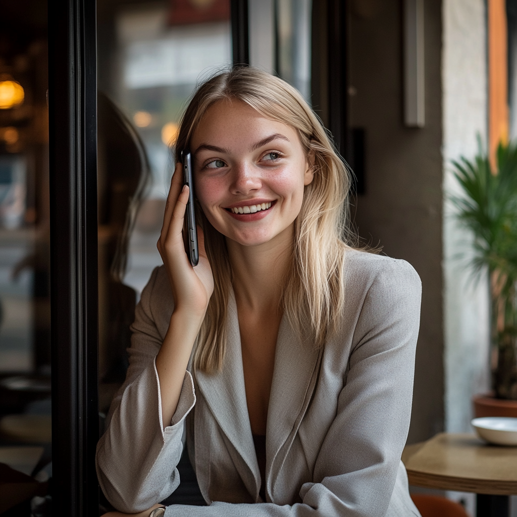 A woman smiles while talking on her phone | Source: Midjourney