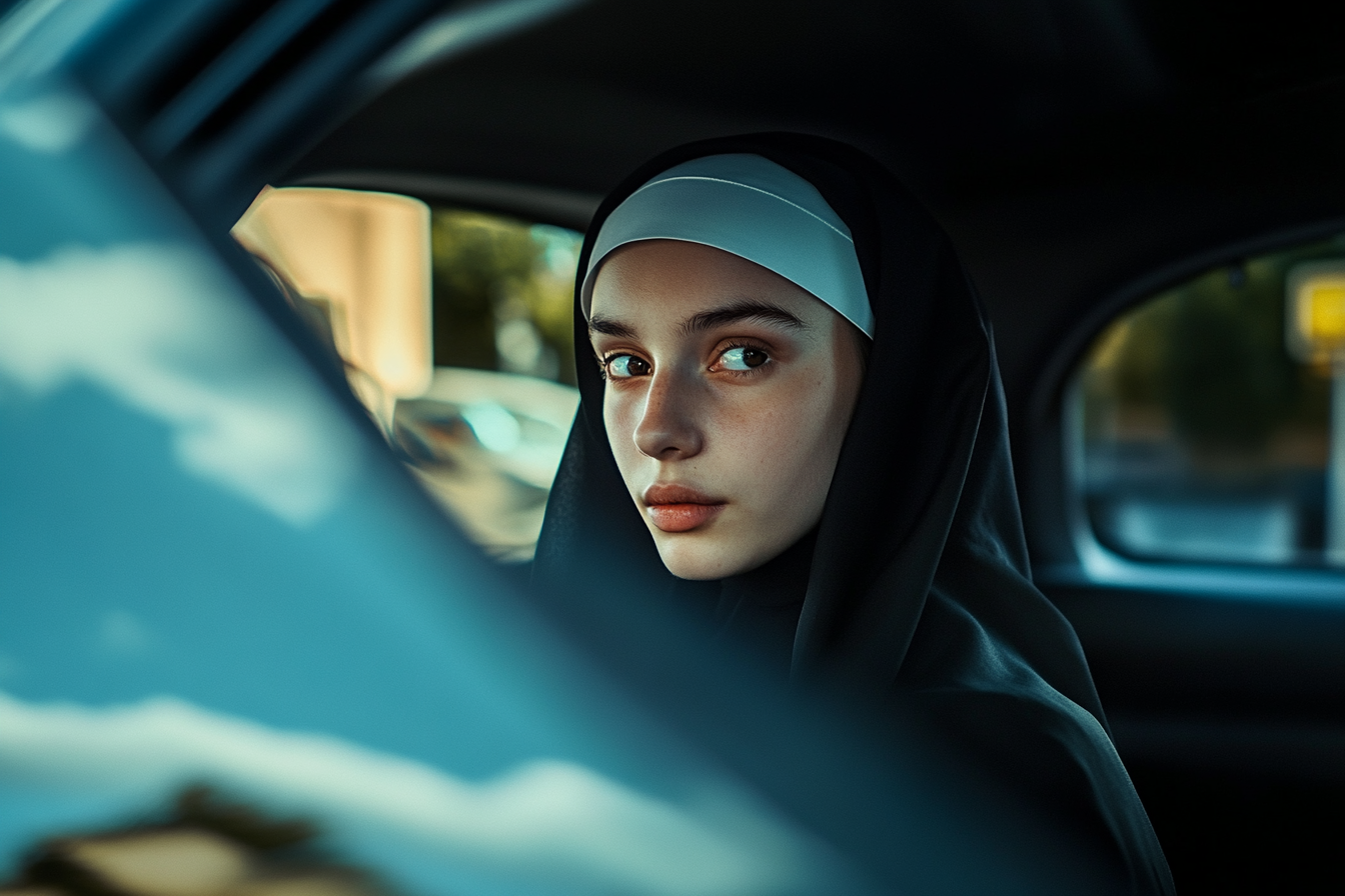 A nun in a car looking at the driver | Source: Midjourney