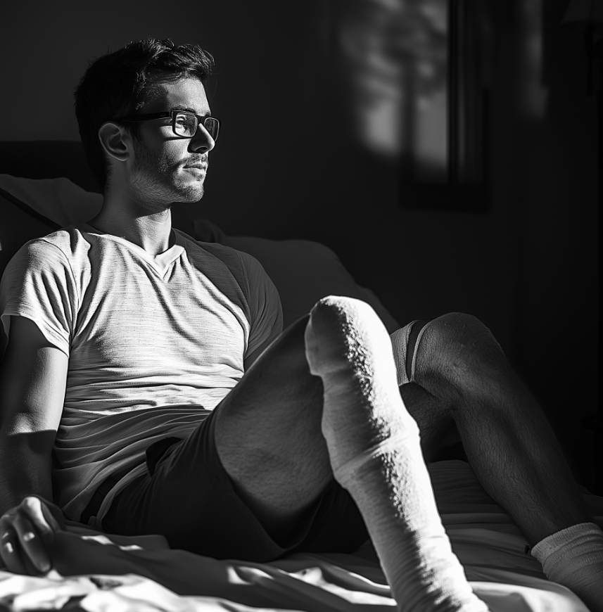 Grayscale image of a man with a cast on his leg | Source: Midjourney