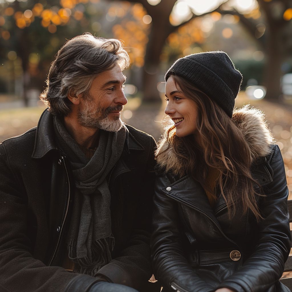 Dad and daughter sitting on the bench in a park | Source: Midjourney