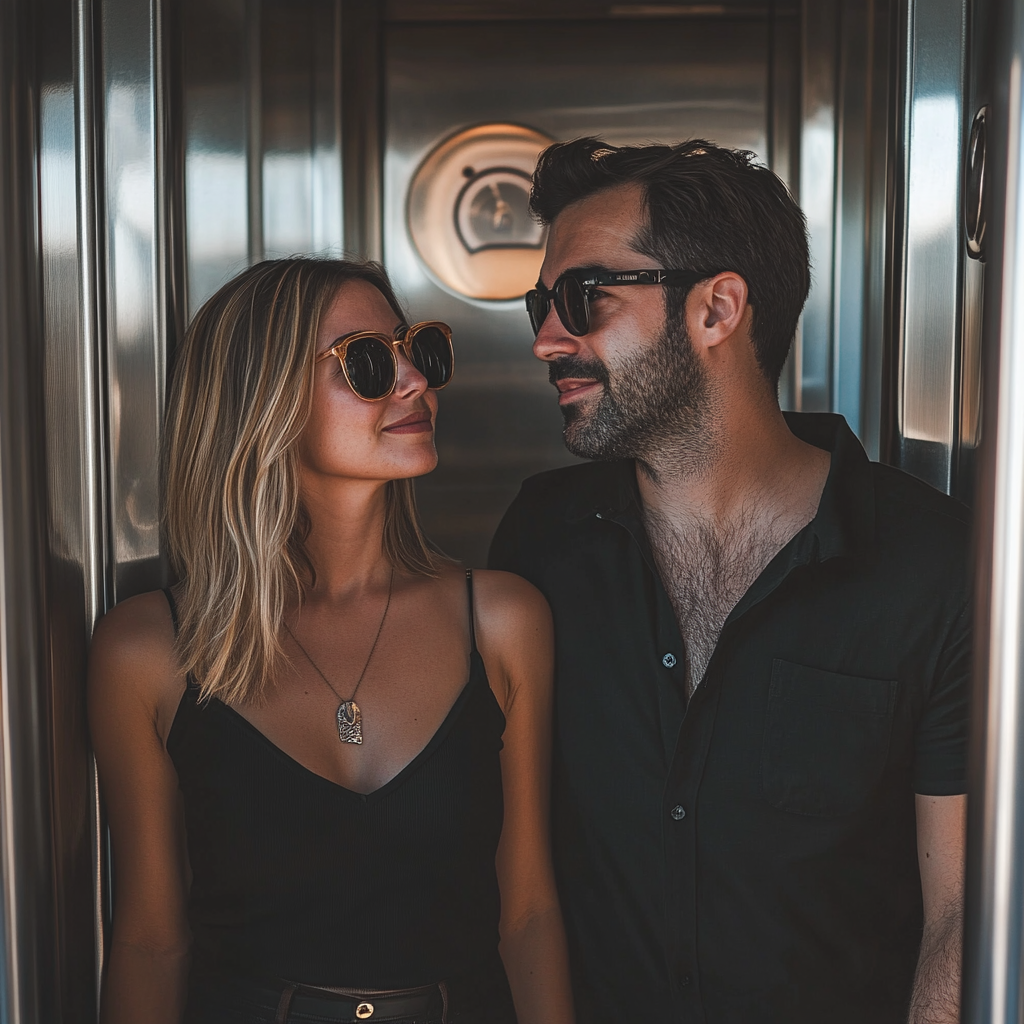 A smug couple in an elevator | Source: Midjourney