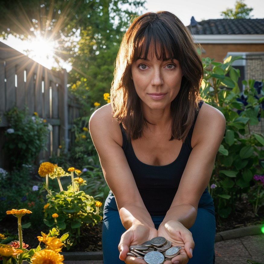 A woman crouching in a flower garden, holding some coins in her hands | Source: Midjourney