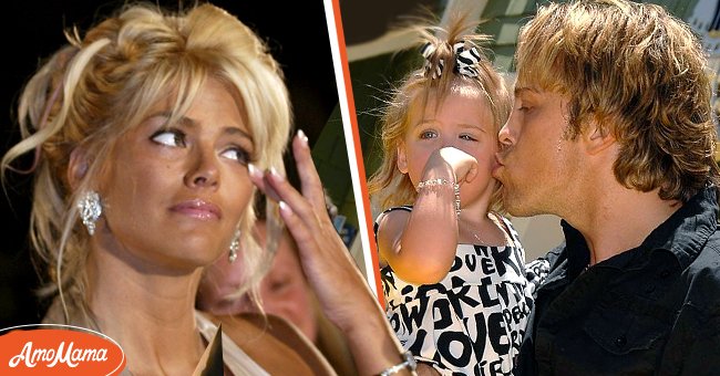  Anna Nicole Smith cries tears of joy as the Maid of Honor for Penny and Joseph Genovese as they renew their wedding vows, poolside at the Seminole Hard Rock Hotel and Casino on July 21, 2005 [left]. Photographer Larry Birkhead and his daughter Dannielynn attend the opening of "The Simpsons" Ride at Universal Studios May 17, 2008 [right] | Photo: Getty Images