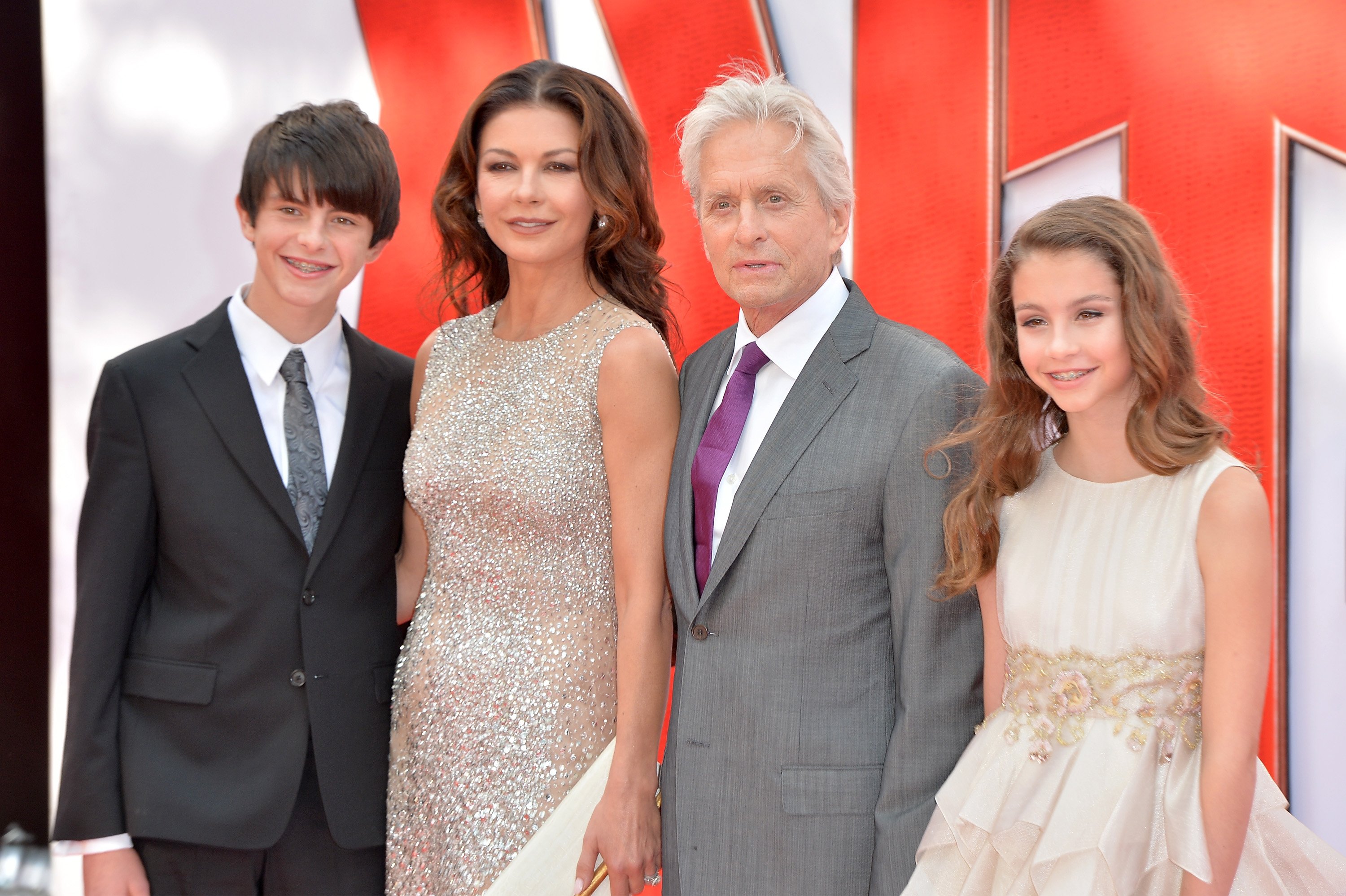 Dylan Douglas, Catherine Zeta-Jones, Michael Douglas, and Carys Douglas at the European Premiere of Marvel's "Ant-Man" on July 8, 2015, in London | Source: Getty Images