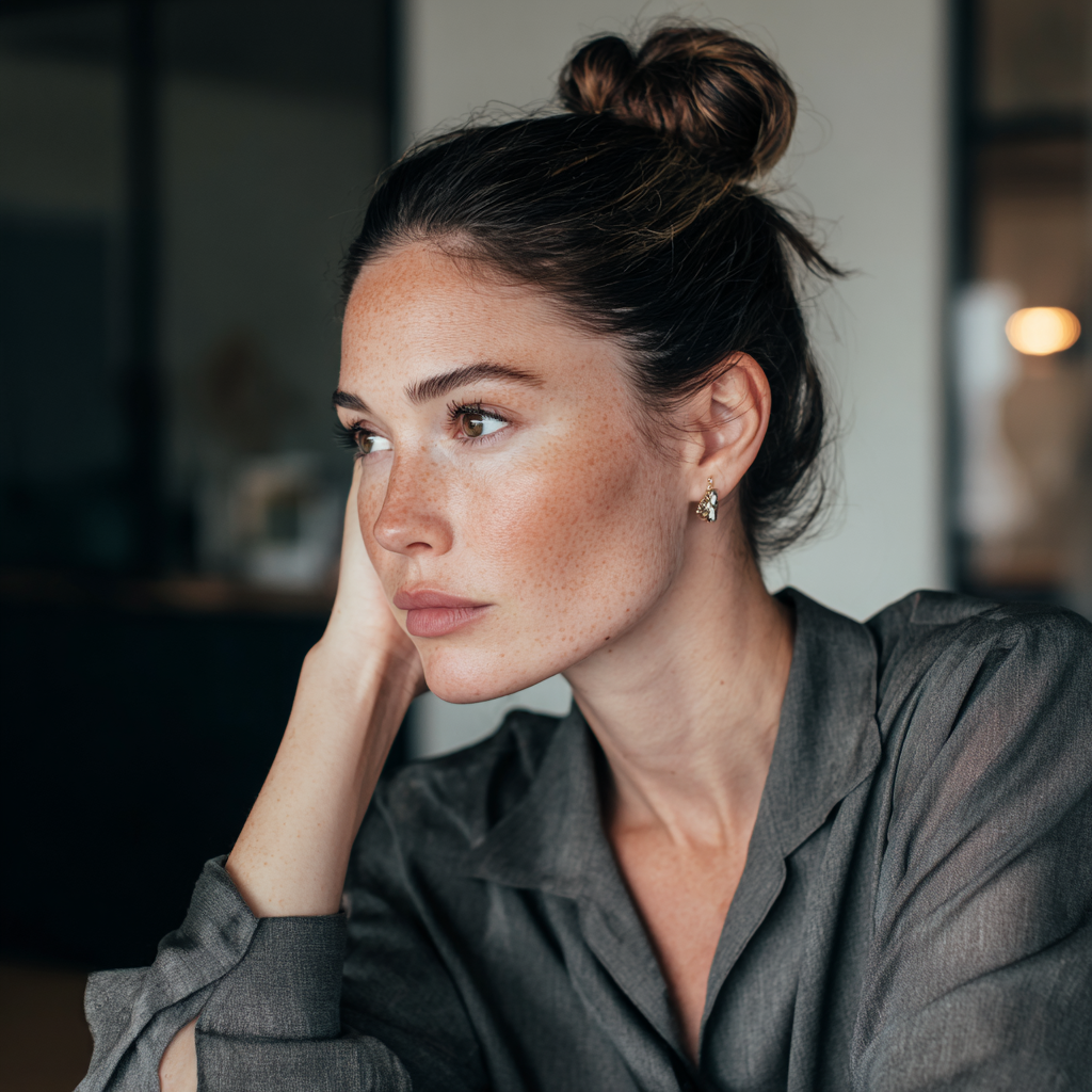 A close-up of a pensive woman | Source: Midjourney