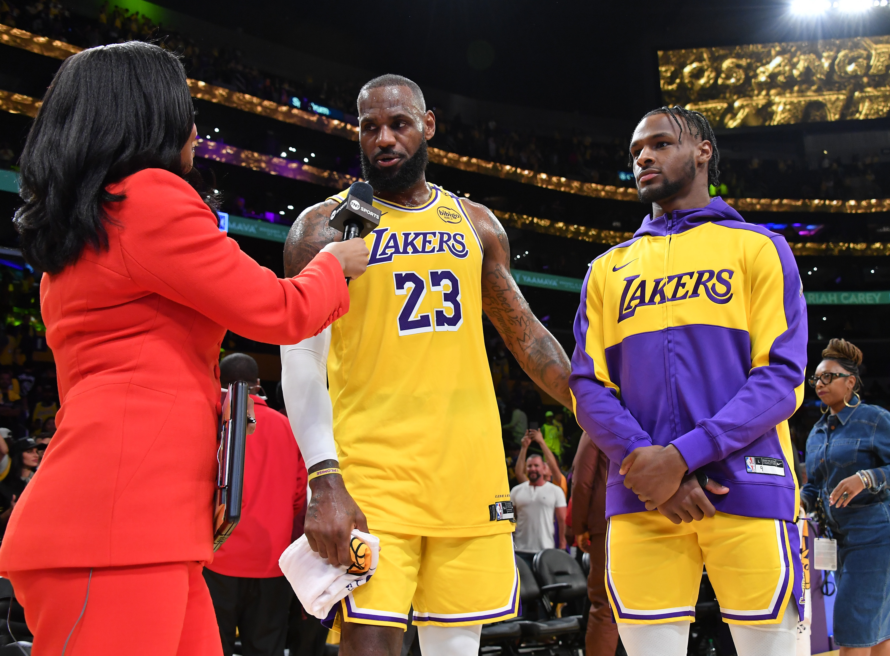 A portrait of LeBron and Bronny James interviewed on October 22, 2024 | Source: getty Images