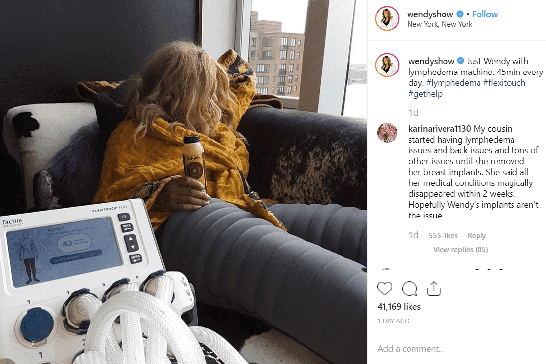 Screenshot of Wendy Williams sitting for her 45-minute daily lymphedema treatment. |Photo: Instagram/Wendy Williams