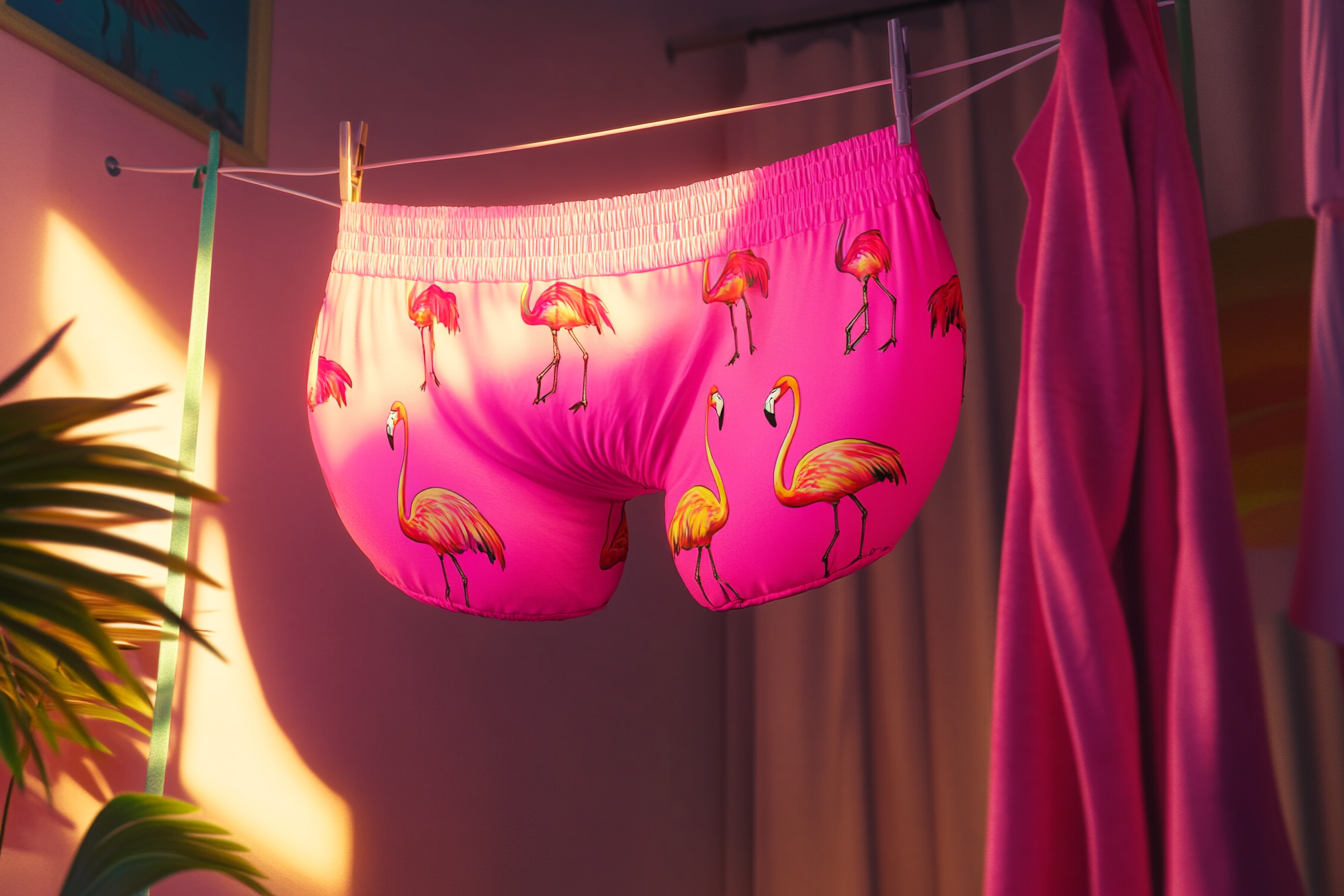 A pair of bright neon pink underpants on a clothesline | Source: Midjourney