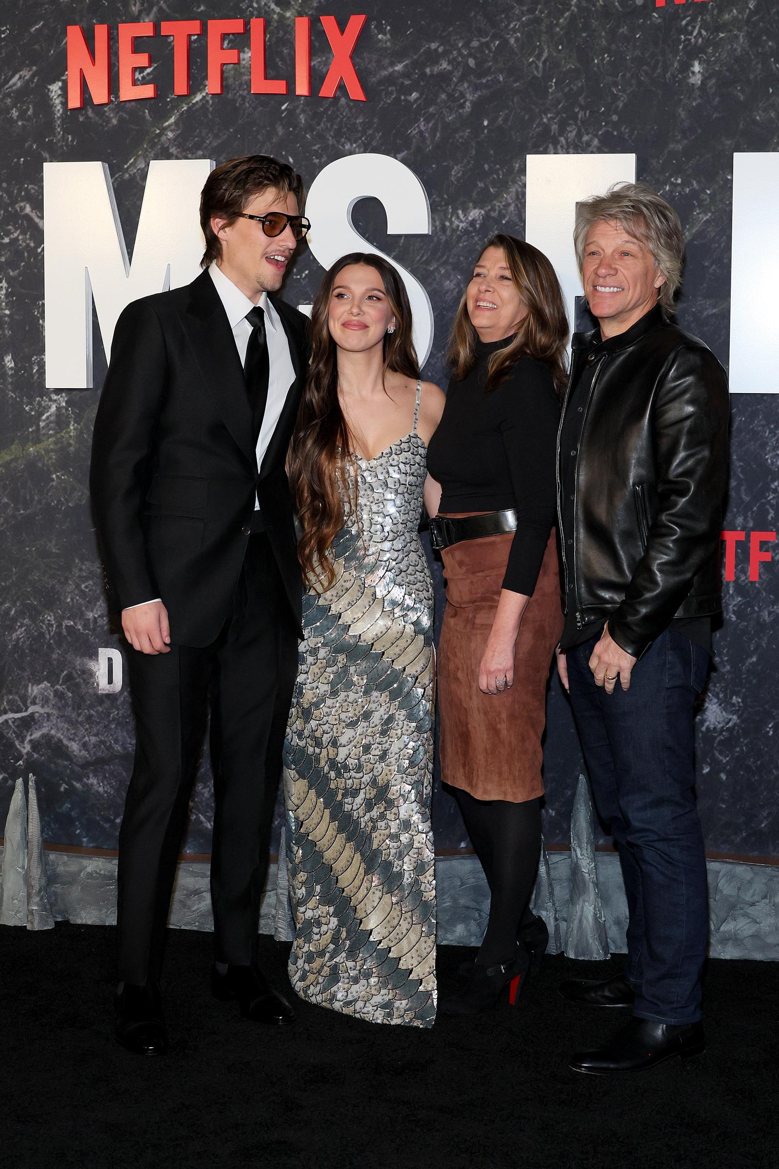 Jake Bongiovi, Millie Bobby Brown, Dorothea Hurley and Jon Bon Jovi at the premiere of "Damsel" in New York City on  March 1, 2024 | Source: Getty Images