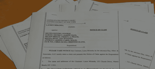 Legal documentation filed by Lauren Miranda against South Country School District. | Source: YouTube/Eyewitness News ABC7NY