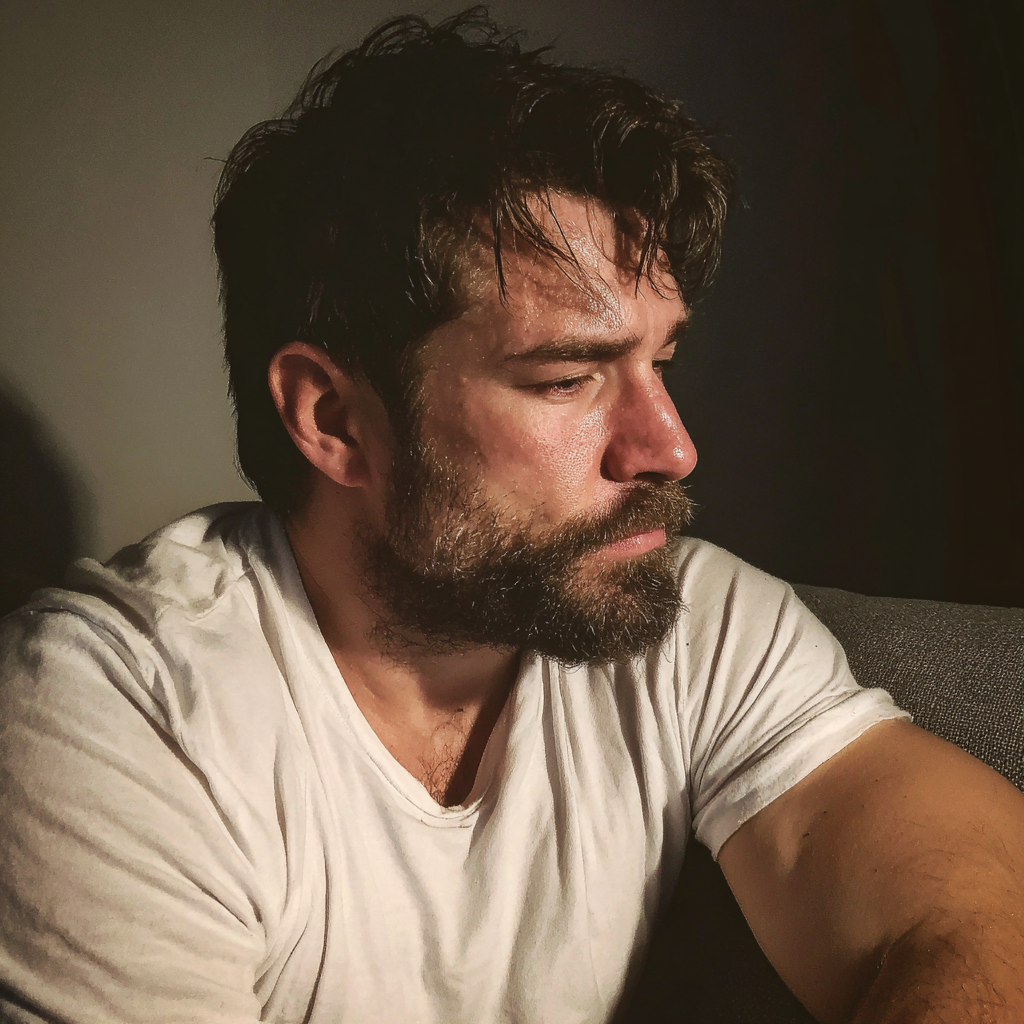 An emotional man sitting on a couch | Source: Midjourney