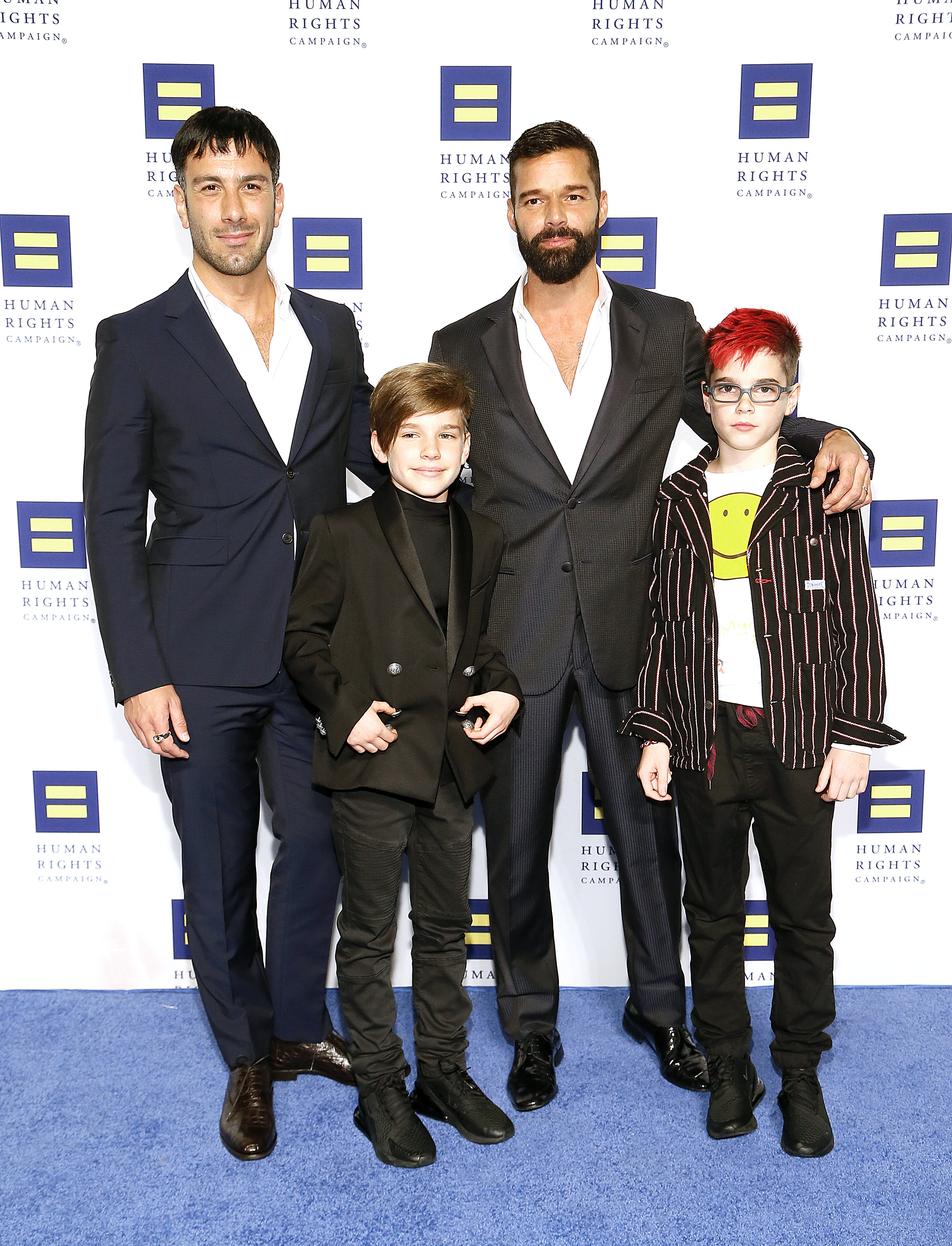 Jwan Yosef and Ricky Martin pose with Matteo Martin and Valentino Martin at the 23rd Annual Human Rights Campaign National Dinner in Washington, D.C.