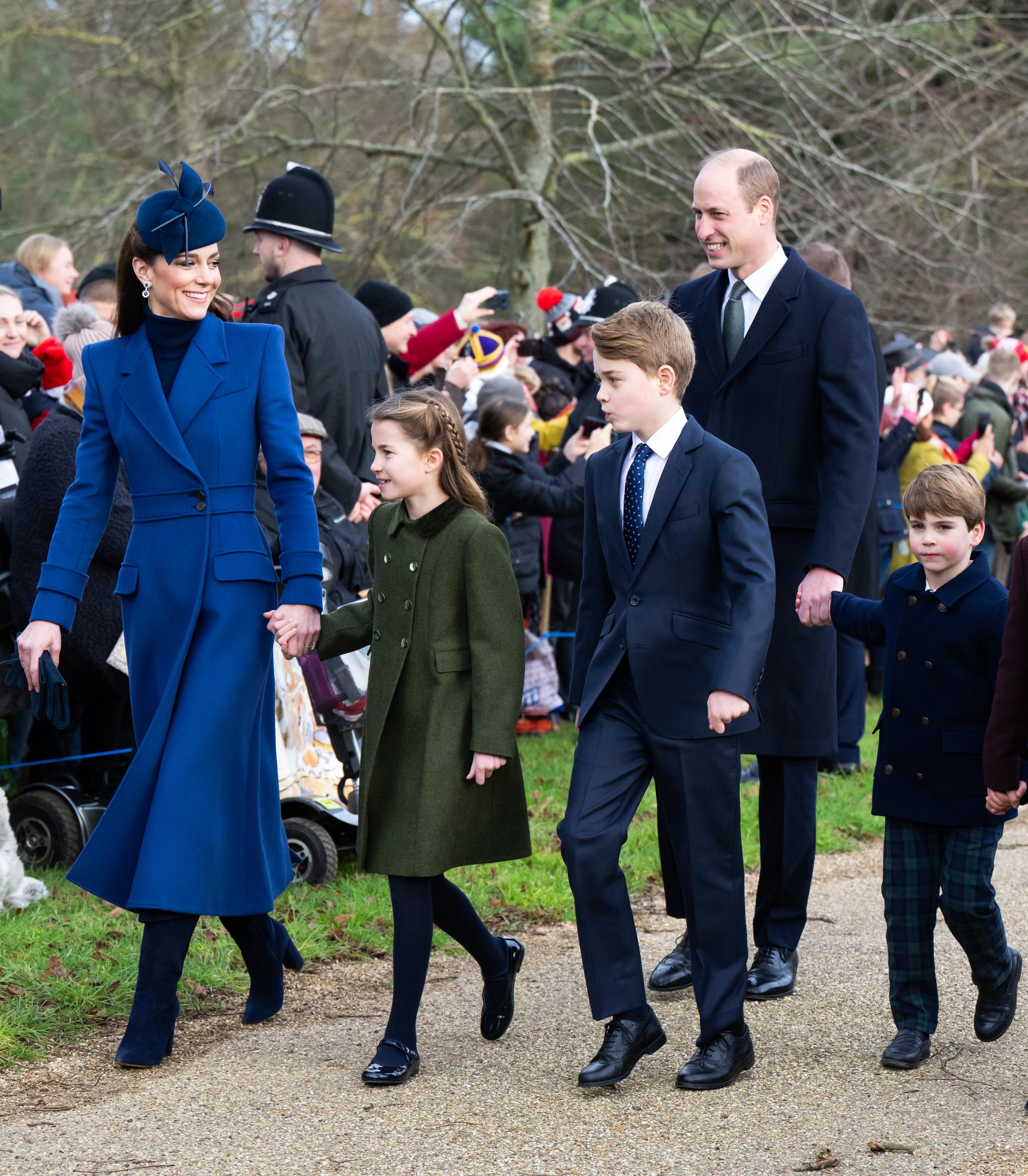 Catherine, Princess of Wales, Princess Charlotte, Prince George, Prince William, Prince of Wales, and Prince Louis attend the Christmas Morning Service at Sandringham Church on 25 December 2023 in Sandringham, Norfolk. | Source: Getty Images