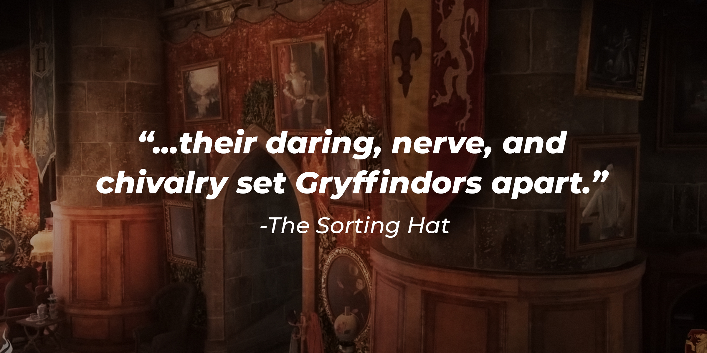 Photo of Gryffindor common room with the quote: "...their daring, nerve, and chivalry set Gryffindors apart." | Source: Youtube.com/HogwartsLegacy