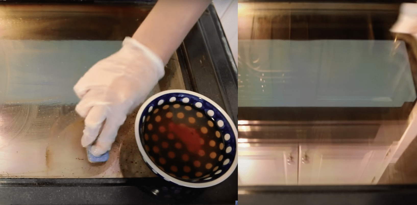 Clean an oven door using a dishwasher tablet dipped in hot water. | Source: YouTube.com/Hacks with Christina